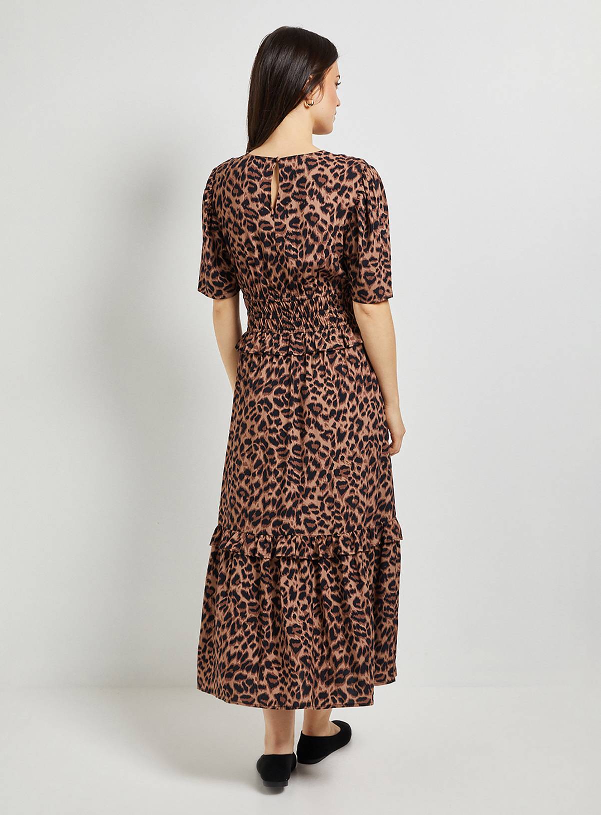 DOROTHY PERKINS Leopard Empire Shirred Bodice Button Detail Midaxi Dress 10 - Image 3